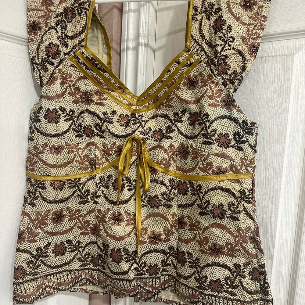 Floral Patterned Brown and Cream Women's Top